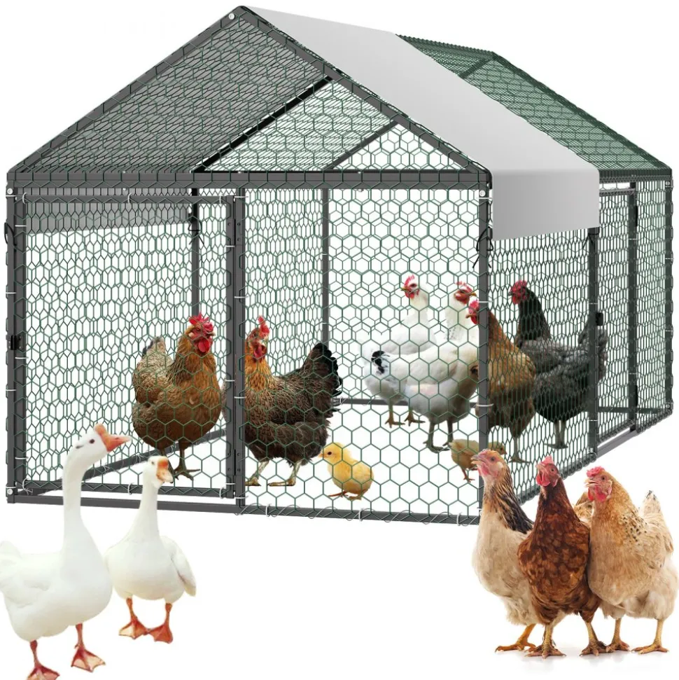 VEVOR Metal Chicken Coop for 4-6 Chickens, 3.3 x 6.6 x 3.3 ft, Small Chicken Cage with Waterproof Cover & Double Doors, Spire Roof Poultry Run Compatible with Wooden Coops, for Rabbit Hen Goose Duck