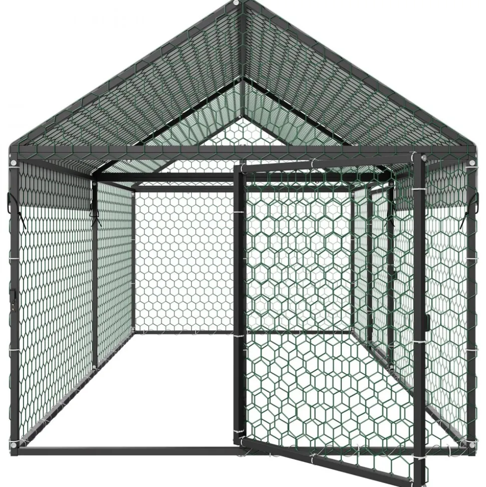 VEVOR Metal Chicken Coop for 4-6 Chickens, 3.3 x 6.6 x 3.3 ft, Small Chicken Cage with Waterproof Cover & Double Doors, Spire Roof Poultry Run Compatible with Wooden Coops, for Rabbit Hen Goose Duck