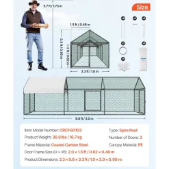 VEVOR Metal Chicken Coop for 6-8 Chickens 3.3x9.8x3.3 ft Small Chicken Cage, Spire Roof Poultry Run with Waterproof Cover & 3 Doors, Compatible with Wooden Coops, for Rabbit Hen Goose Duck, Backyard