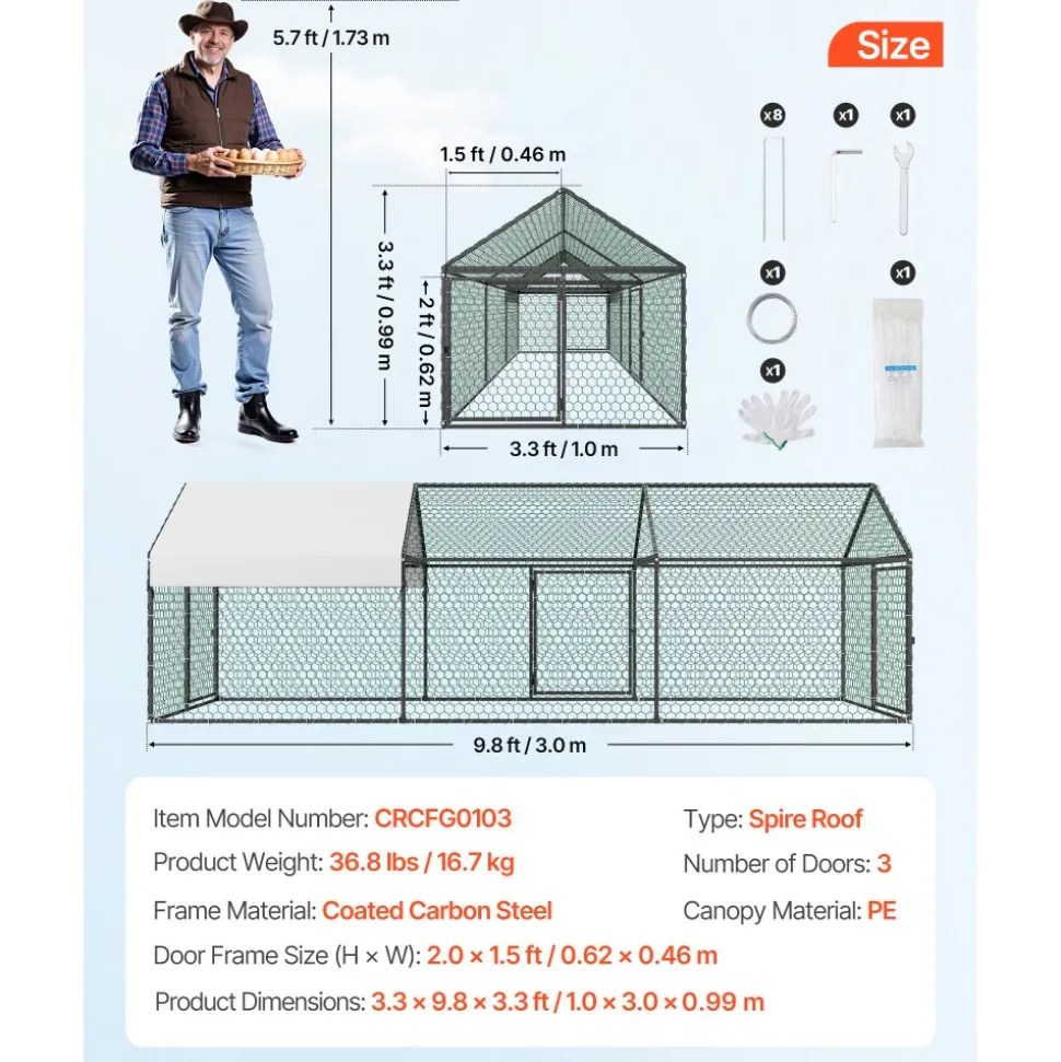 VEVOR Metal Chicken Coop for 6-8 Chickens 3.3x9.8x3.3 ft Small Chicken Cage, Spire Roof Poultry Run with Waterproof Cover & 3 Doors, Compatible with Wooden Coops, for Rabbit Hen Goose Duck, Backyard