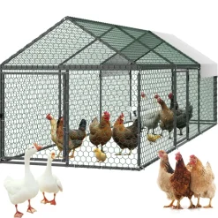 VEVOR Metal Chicken Coop for 6-8 Chickens 3.3x9.8x3.3 ft Small Chicken Cage, Spire Roof Poultry Run with Waterproof Cover & 3 Doors, Compatible with Wooden Coops, for Rabbit Hen Goose Duck, Backyard