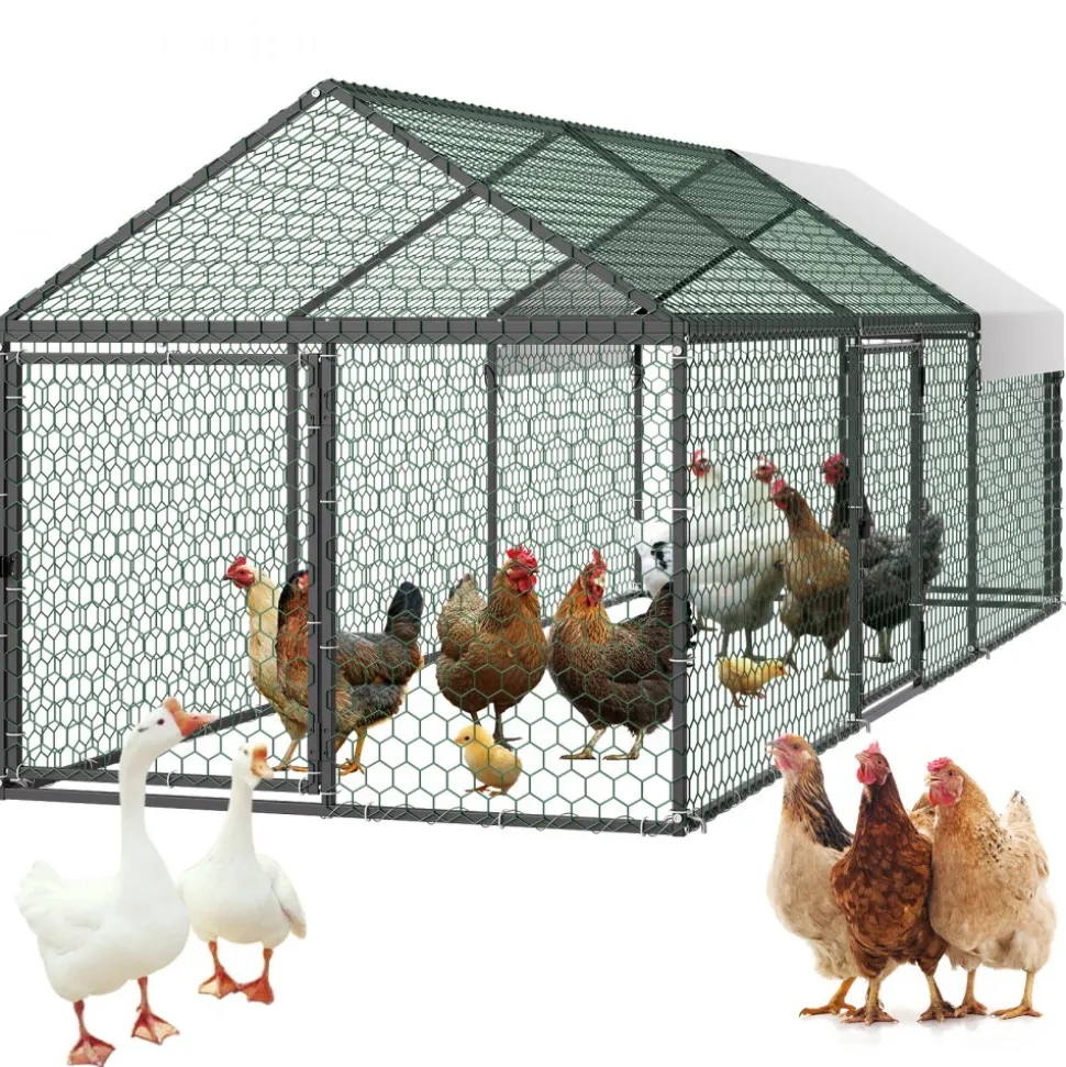 VEVOR Metal Chicken Coop for 6-8 Chickens 3.3x9.8x3.3 ft Small Chicken Cage, Spire Roof Poultry Run with Waterproof Cover & 3 Doors, Compatible with Wooden Coops, for Rabbit Hen Goose Duck, Backyard