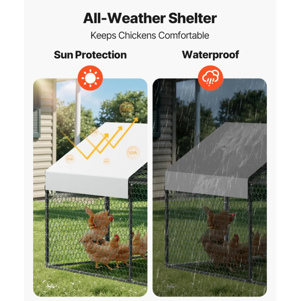 VEVOR Metal Chicken Coop for 6-8 Chickens 3.3x9.8x3.3 ft Small Chicken Cage, Spire Roof Poultry Run with Waterproof Cover & 3 Doors, Compatible with Wooden Coops, for Rabbit Hen Goose Duck, Backyard
