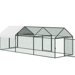 VEVOR Metal Chicken Coop for 6-8 Chickens 3.3x9.8x3.3 ft Small Chicken Cage, Spire Roof Poultry Run with Waterproof Cover & 3 Doors, Compatible with Wooden Coops, for Rabbit Hen Goose Duck, Backyard