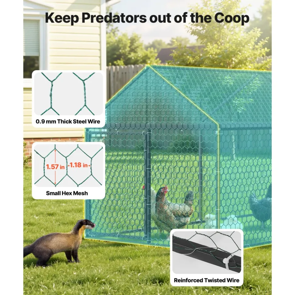 VEVOR Metal Chicken Coop for 6-8 Chickens 3.3x9.8x3.3 ft Small Chicken Cage, Spire Roof Poultry Run with Waterproof Cover & 3 Doors, Compatible with Wooden Coops, for Rabbit Hen Goose Duck, Backyard
