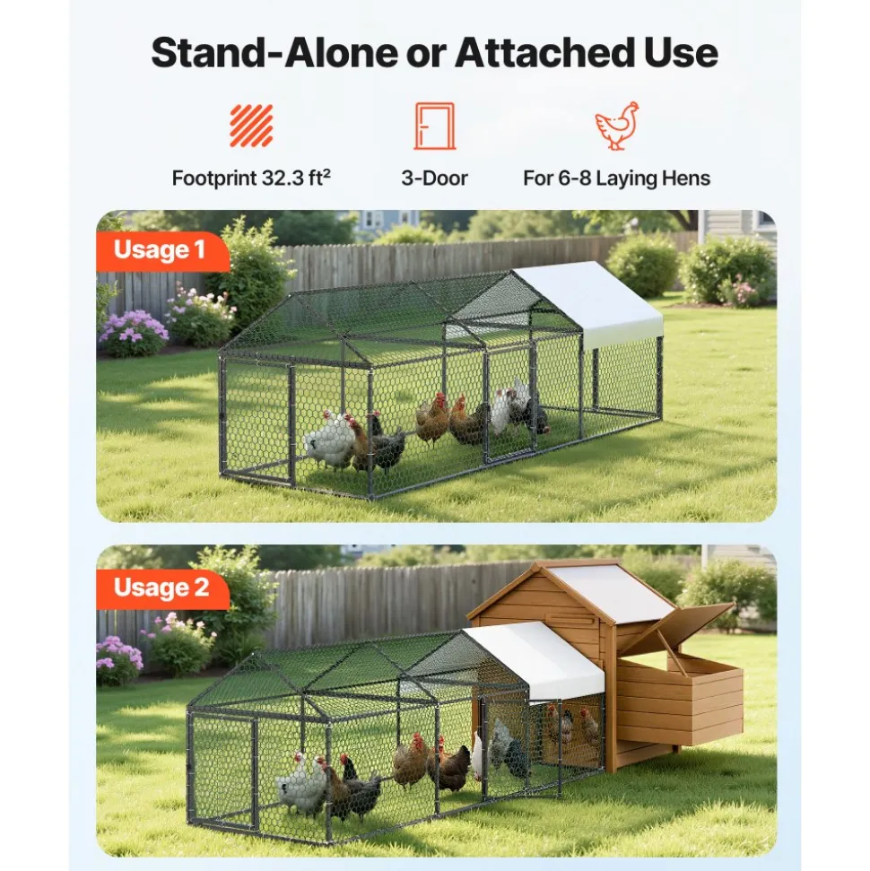 VEVOR Metal Chicken Coop for 6-8 Chickens 3.3x9.8x3.3 ft Small Chicken Cage, Spire Roof Poultry Run with Waterproof Cover & 3 Doors, Compatible with Wooden Coops, for Rabbit Hen Goose Duck, Backyard
