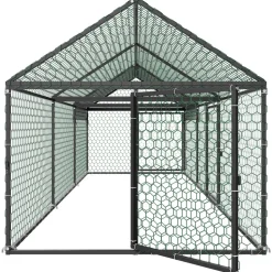 VEVOR Metal Chicken Coop for 6-8 Chickens 3.3x9.8x3.3 ft Small Chicken Cage, Spire Roof Poultry Run with Waterproof Cover & 3 Doors, Compatible with Wooden Coops, for Rabbit Hen Goose Duck, Backyard