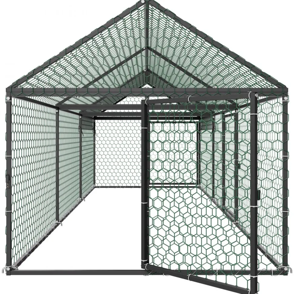 VEVOR Metal Chicken Coop for 6-8 Chickens 3.3x9.8x3.3 ft Small Chicken Cage, Spire Roof Poultry Run with Waterproof Cover & 3 Doors, Compatible with Wooden Coops, for Rabbit Hen Goose Duck, Backyard