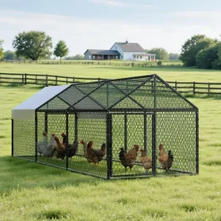 VEVOR Metal Chicken Coop for 6-8 Chickens 3.3x9.8x3.3 ft Small Chicken Cage, Spire Roof Poultry Run with Waterproof Cover & 3 Doors, Compatible with Wooden Coops, for Rabbit Hen Goose Duck, Backyard