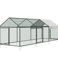 VEVOR Metal Chicken Coop for 6-8 Chickens 3.3x9.8x3.3 ft Small Chicken Cage, Spire Roof Poultry Run with Waterproof Cover & 3 Doors, Compatible with Wooden Coops, for Rabbit Hen Goose Duck, Backyard