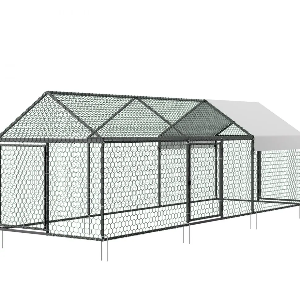 VEVOR Metal Chicken Coop for 6-8 Chickens 3.3x9.8x3.3 ft Small Chicken Cage, Spire Roof Poultry Run with Waterproof Cover & 3 Doors, Compatible with Wooden Coops, for Rabbit Hen Goose Duck, Backyard