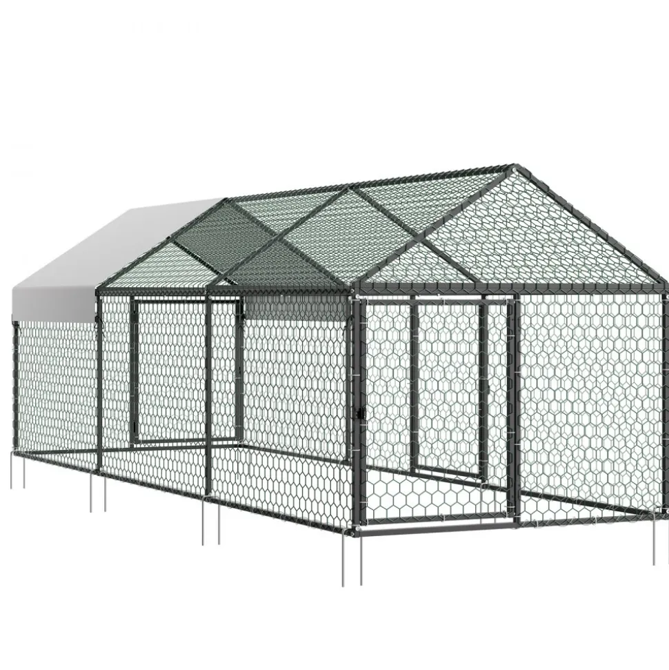 VEVOR Metal Chicken Coop for 6-8 Chickens 3.3x9.8x3.3 ft Small Chicken Cage, Spire Roof Poultry Run with Waterproof Cover & 3 Doors, Compatible with Wooden Coops, for Rabbit Hen Goose Duck, Backyard