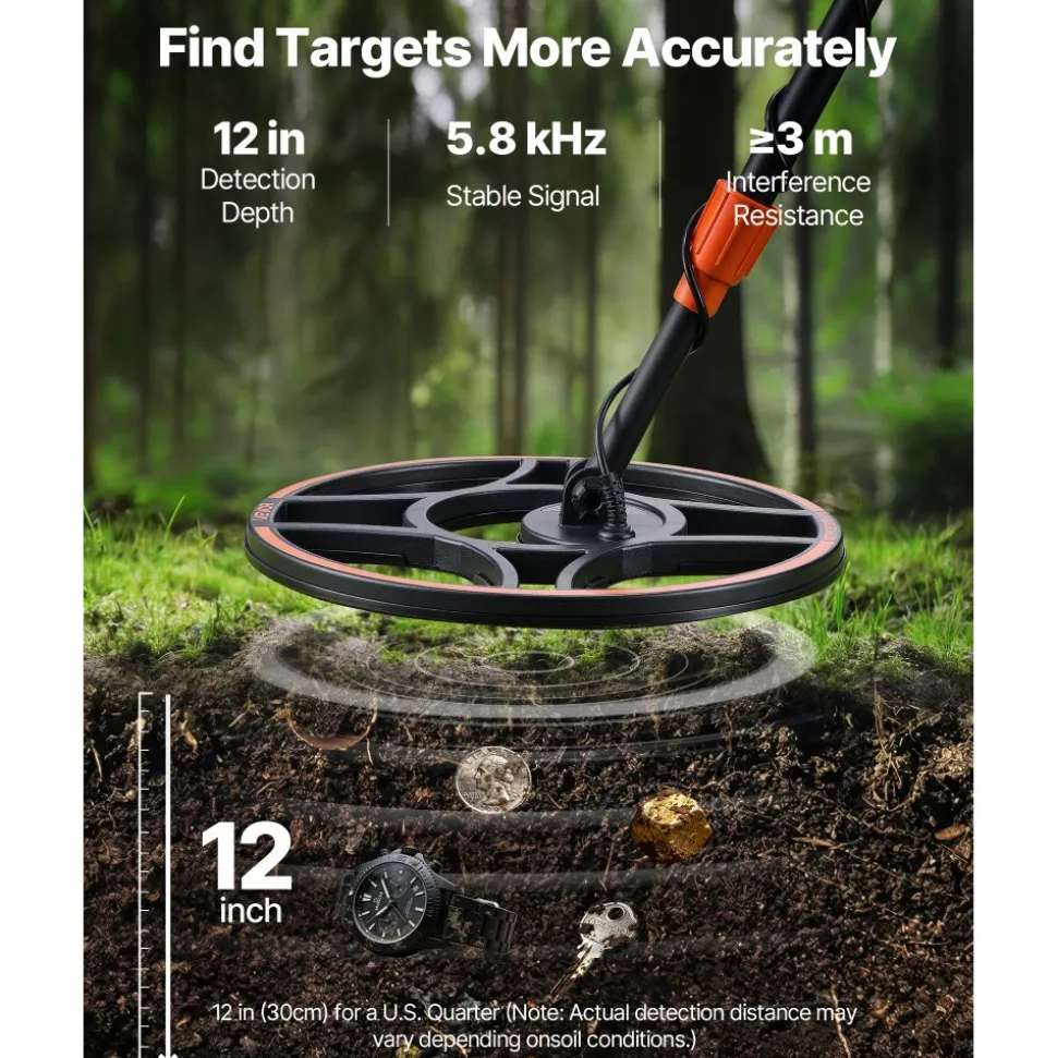 VEVOR Metal Detector for Adults, 12", Professional High Accuracy Gold Detector, IP68 Waterproof Search Coil with Display, Headphones, 6 Modes, Adjustable Length, for Detecting Gold Treasure Hunting