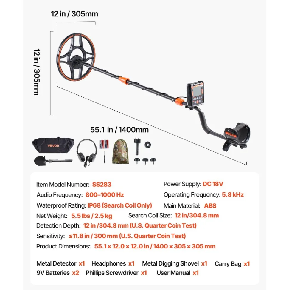 VEVOR Metal Detector for Adults, 12", Professional High Accuracy Gold Detector, IP68 Waterproof Search Coil with Display, Headphones, 6 Modes, Adjustable Length, for Detecting Gold Treasure Hunting