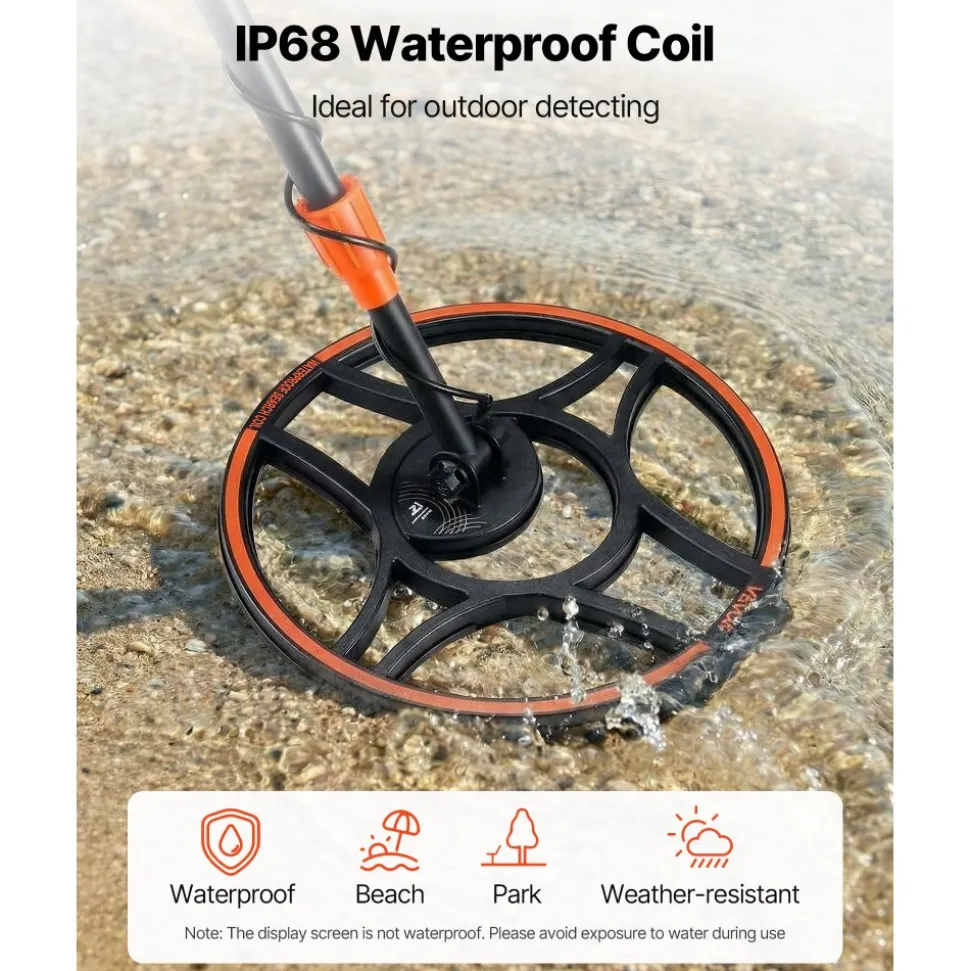 VEVOR Metal Detector for Adults, 12", Professional High Accuracy Gold Detector, IP68 Waterproof Search Coil with Display, Headphones, 6 Modes, Adjustable Length, for Detecting Gold Treasure Hunting