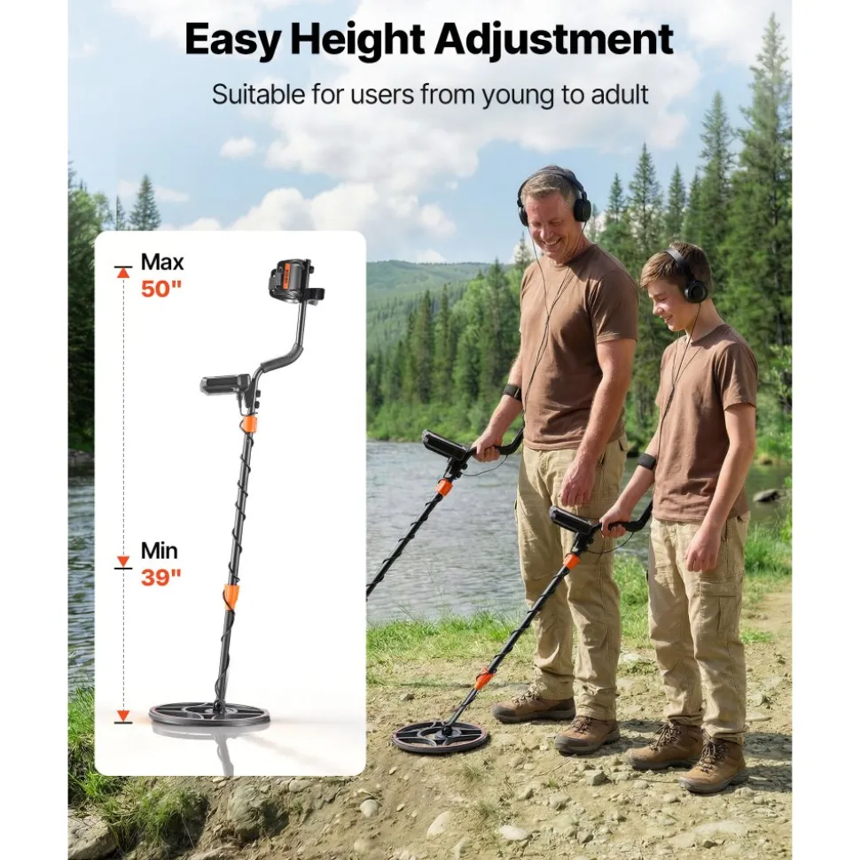VEVOR Metal Detector for Adults, 12", Professional High Accuracy Gold Detector, IP68 Waterproof Search Coil with Display, Headphones, 6 Modes, Adjustable Length, for Detecting Gold Treasure Hunting