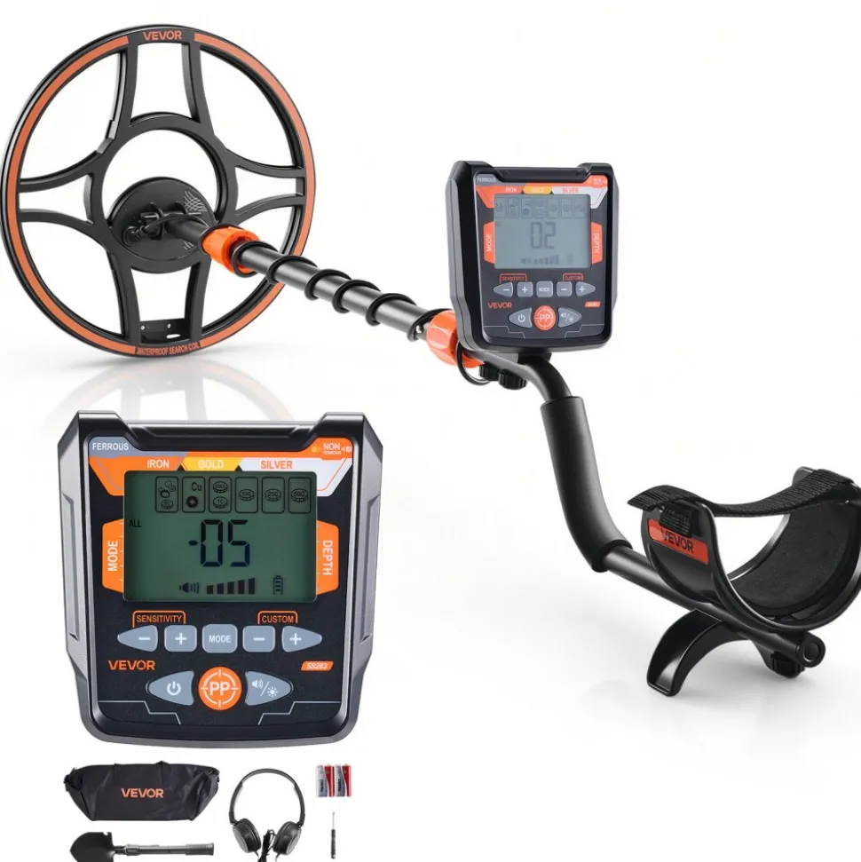 VEVOR Metal Detector for Adults, 12", Professional High Accuracy Gold Detector, IP68 Waterproof Search Coil with Display, Headphones, 6 Modes, Adjustable Length, for Detecting Gold Treasure Hunting
