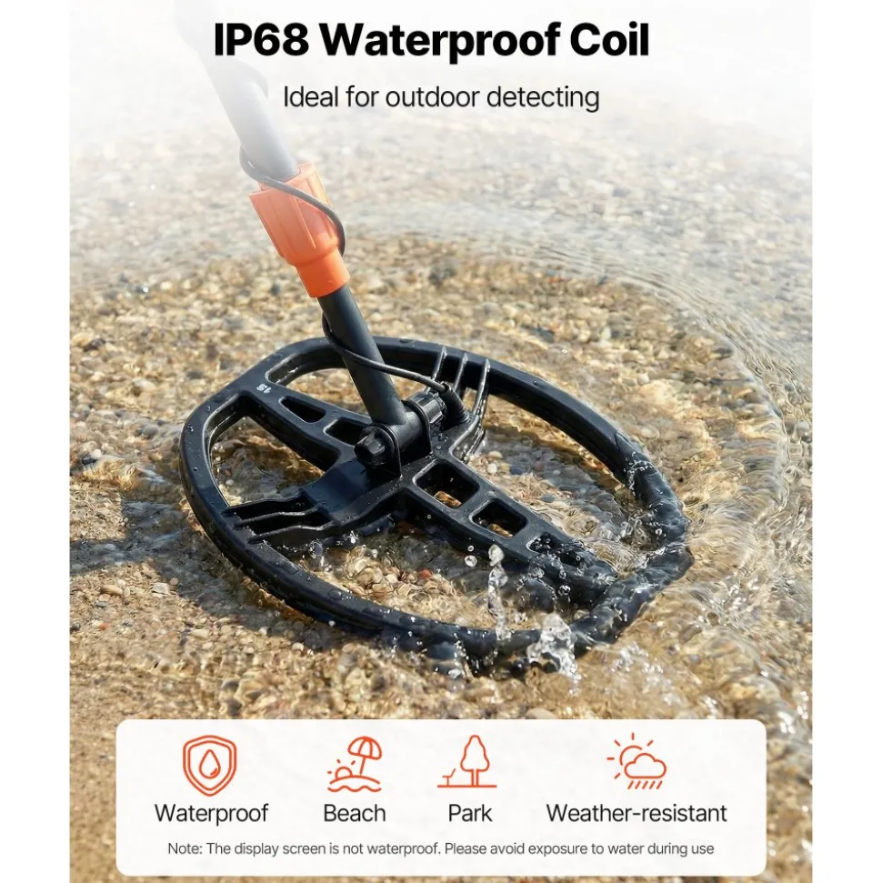 VEVOR Metal Detector for Adults, 10", Professional High Accuracy Gold Detector, IP68 Waterproof Search Coil with Display, Headphones, 5 Modes, Adjustable Length, for Detecting Gold Treasure Hunting