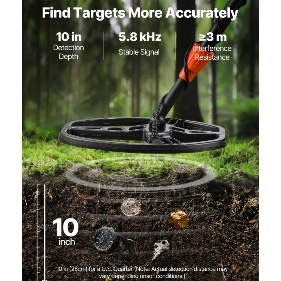 VEVOR Metal Detector for Adults, 10", Professional High Accuracy Gold Detector, IP68 Waterproof Search Coil with Display, Headphones, 5 Modes, Adjustable Length, for Detecting Gold Treasure Hunting