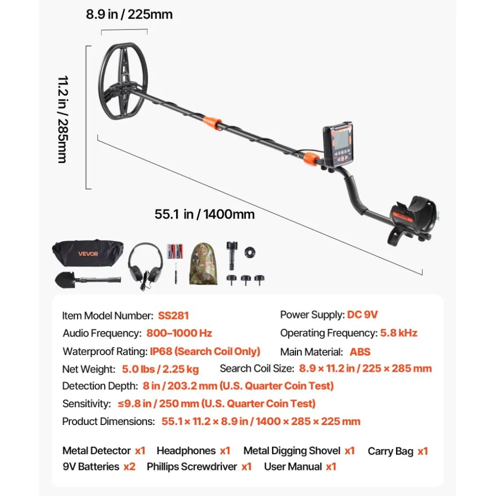 VEVOR Metal Detector for Adults, 10", Professional High Accuracy Gold Detector, IP68 Waterproof Search Coil with Display, Headphones, 5 Modes, Adjustable Length, for Detecting Gold Treasure Hunting