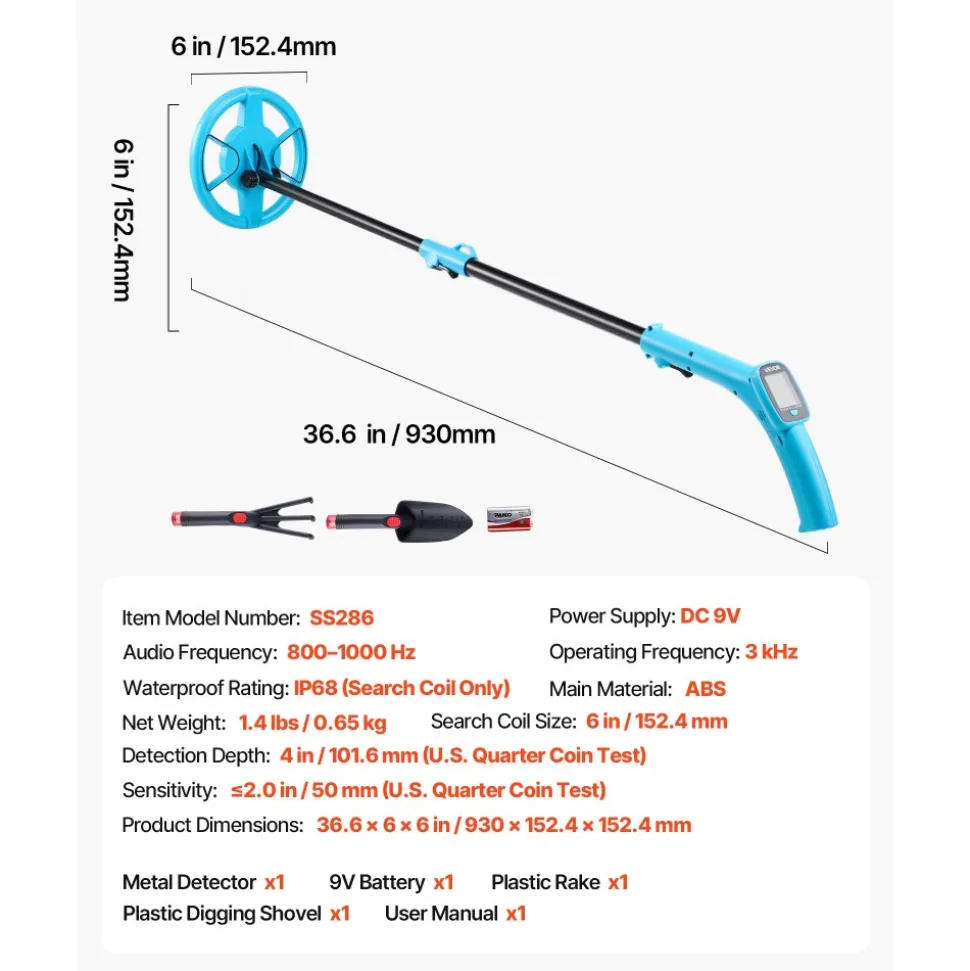 VEVOR Metal Detector, 4", Lightweight Metal Detector with LCD Display, 6" IP68 Waterproof Search Coil, Adjustable 25.6"-36.6" High Accuracy Gold Detector, Easy to Use, for Detecting Gold Exploration