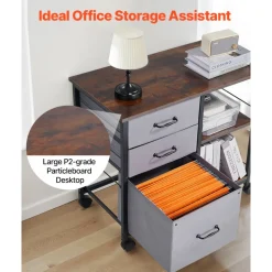 VEVOR Metal File Cabinet, Mobile Filing Cabinet with 3 Fabric Drawers and 2 Open Shelves, Wooden Vertical Filing Storage Cabinets with Wheels for Letter, A4, Legal Size File, Easy Assembly, Brown