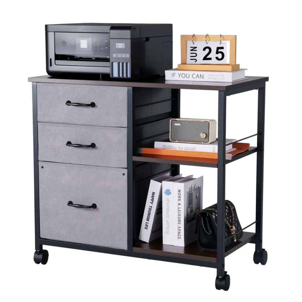 VEVOR Metal File Cabinet, Mobile Filing Cabinet with 3 Fabric Drawers and 2 Open Shelves, Wooden Vertical Filing Storage Cabinets with Wheels for Letter, A4, Legal Size File, Easy Assembly, Brown