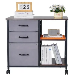 VEVOR Metal File Cabinet, Mobile Filing Cabinet with 3 Fabric Drawers and 2 Open Shelves, Wooden Vertical Filing Storage Cabinets with Wheels for Letter, A4, Legal Size File, Easy Assembly, Brown