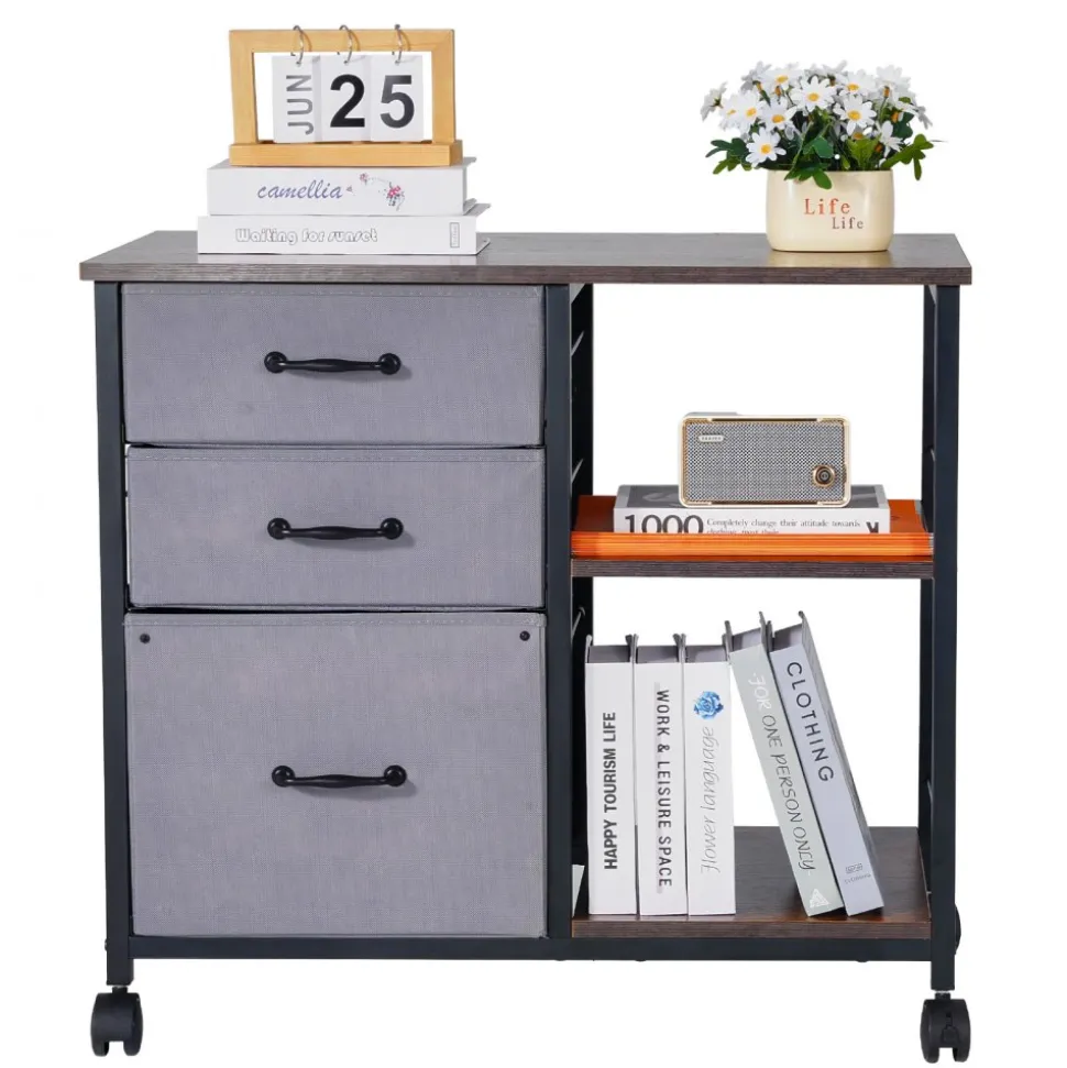 VEVOR Metal File Cabinet, Mobile Filing Cabinet with 3 Fabric Drawers and 2 Open Shelves, Wooden Vertical Filing Storage Cabinets with Wheels for Letter, A4, Legal Size File, Easy Assembly, Brown