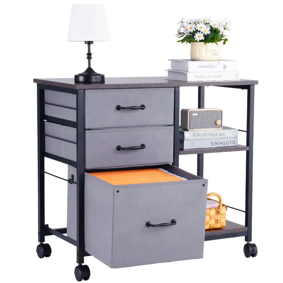 VEVOR Metal File Cabinet, Mobile Filing Cabinet with 3 Fabric Drawers and 2 Open Shelves, Wooden Vertical Filing Storage Cabinets with Wheels for Letter, A4, Legal Size File, Easy Assembly, Brown