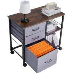 VEVOR Metal File Cabinet, Mobile Filing Cabinet with 3 Fabric Drawers and 2 Open Shelves, Wooden Vertical Filing Storage Cabinets with Wheels for Letter, A4, Legal Size File, Easy Assembly, Brown