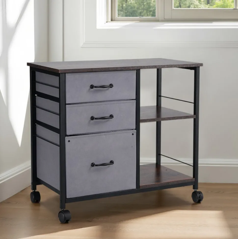 VEVOR Metal File Cabinet, Mobile Filing Cabinet with 3 Fabric Drawers and 2 Open Shelves, Wooden Vertical Filing Storage Cabinets with Wheels for Letter, A4, Legal Size File, Easy Assembly, Brown