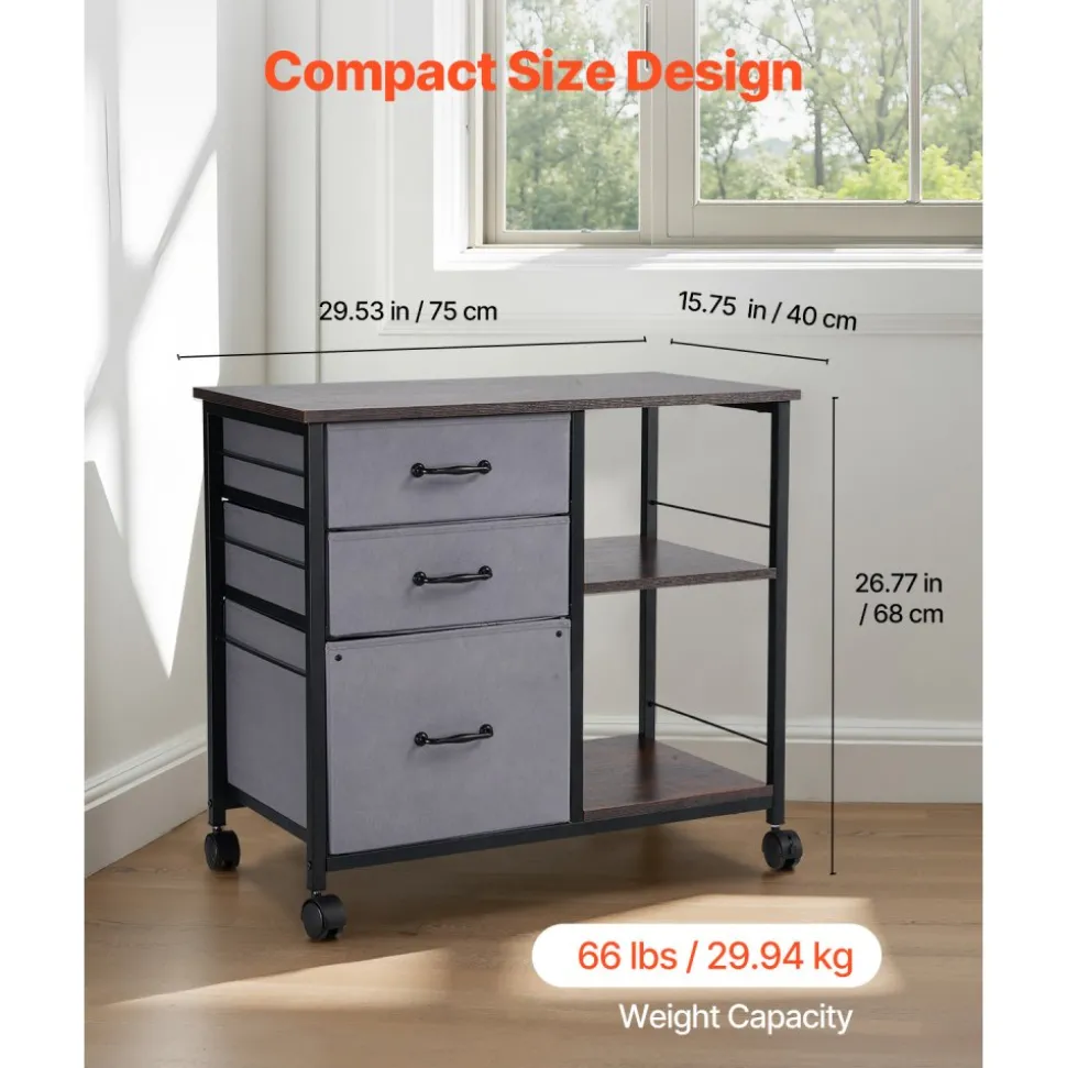 VEVOR Metal File Cabinet, Mobile Filing Cabinet with 3 Fabric Drawers and 2 Open Shelves, Wooden Vertical Filing Storage Cabinets with Wheels for Letter, A4, Legal Size File, Easy Assembly, Brown