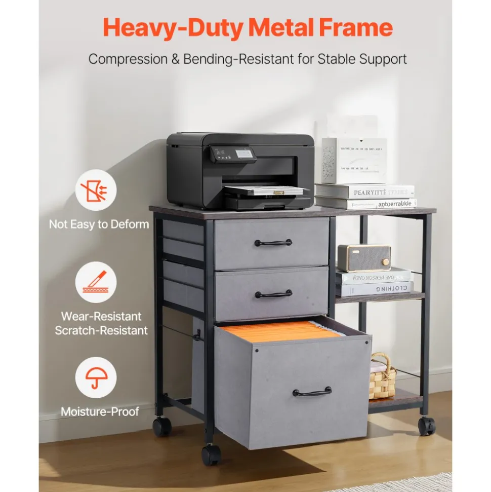 VEVOR Metal File Cabinet, Mobile Filing Cabinet with 3 Fabric Drawers and 2 Open Shelves, Wooden Vertical Filing Storage Cabinets with Wheels for Letter, A4, Legal Size File, Easy Assembly, Brown