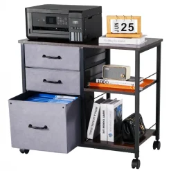 VEVOR Metal File Cabinet, Mobile Filing Cabinet with 3 Fabric Drawers and 2 Open Shelves, Wooden Vertical Filing Storage Cabinets with Wheels for Letter, A4, Legal Size File, Easy Assembly, Brown