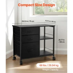 VEVOR Metal File Cabinet, Mobile Filing Cabinet with 3 Fabric Drawers and 2 Open Shelves, Wooden Vertical Filing Storage Cabinets with Wheels for Letter, A4, Legal Size File, Easy Assembly, Black