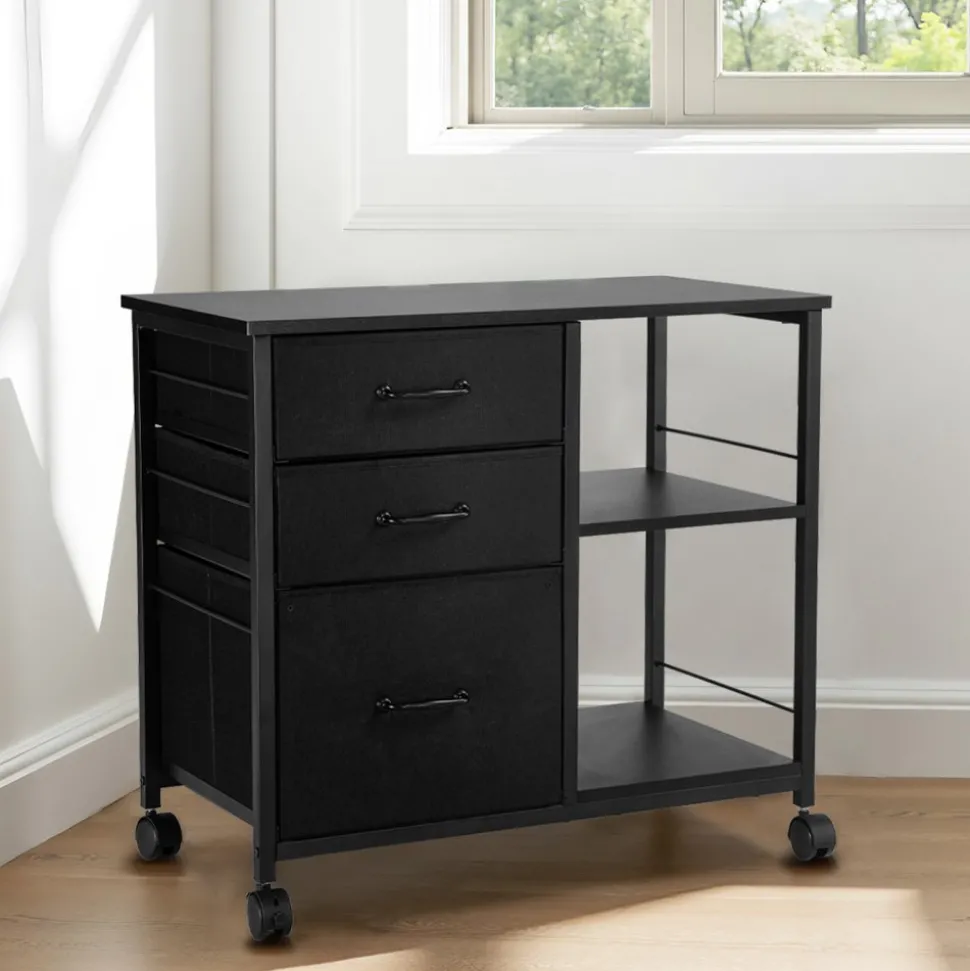 VEVOR Metal File Cabinet, Mobile Filing Cabinet with 3 Fabric Drawers and 2 Open Shelves, Wooden Vertical Filing Storage Cabinets with Wheels for Letter, A4, Legal Size File, Easy Assembly, Black
