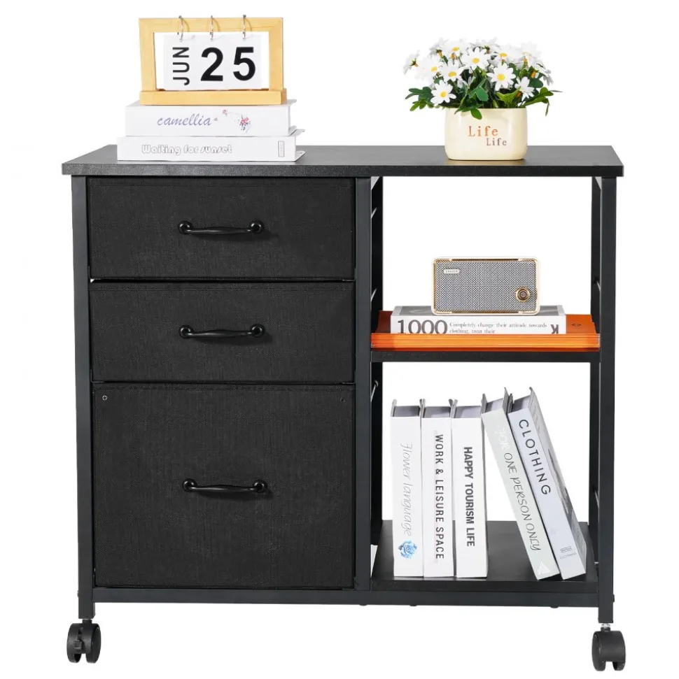 VEVOR Metal File Cabinet, Mobile Filing Cabinet with 3 Fabric Drawers and 2 Open Shelves, Wooden Vertical Filing Storage Cabinets with Wheels for Letter, A4, Legal Size File, Easy Assembly, Black