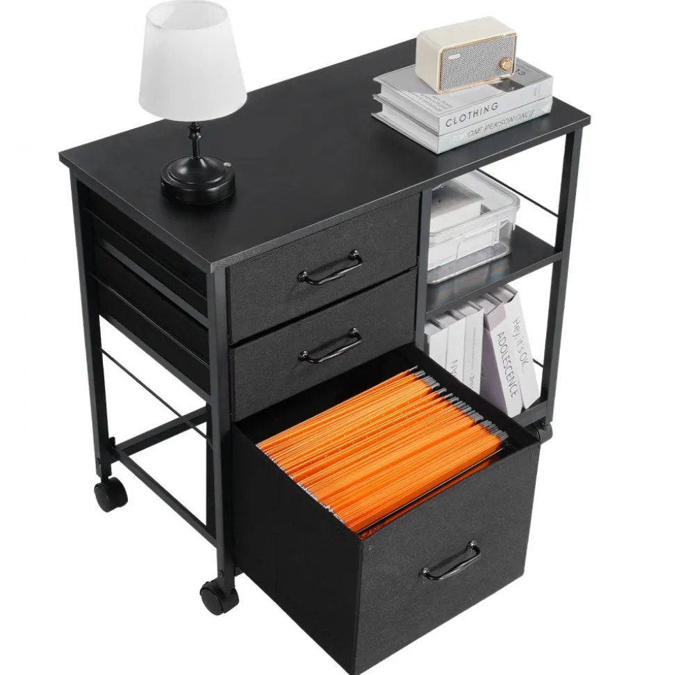 VEVOR Metal File Cabinet, Mobile Filing Cabinet with 3 Fabric Drawers and 2 Open Shelves, Wooden Vertical Filing Storage Cabinets with Wheels for Letter, A4, Legal Size File, Easy Assembly, Black
