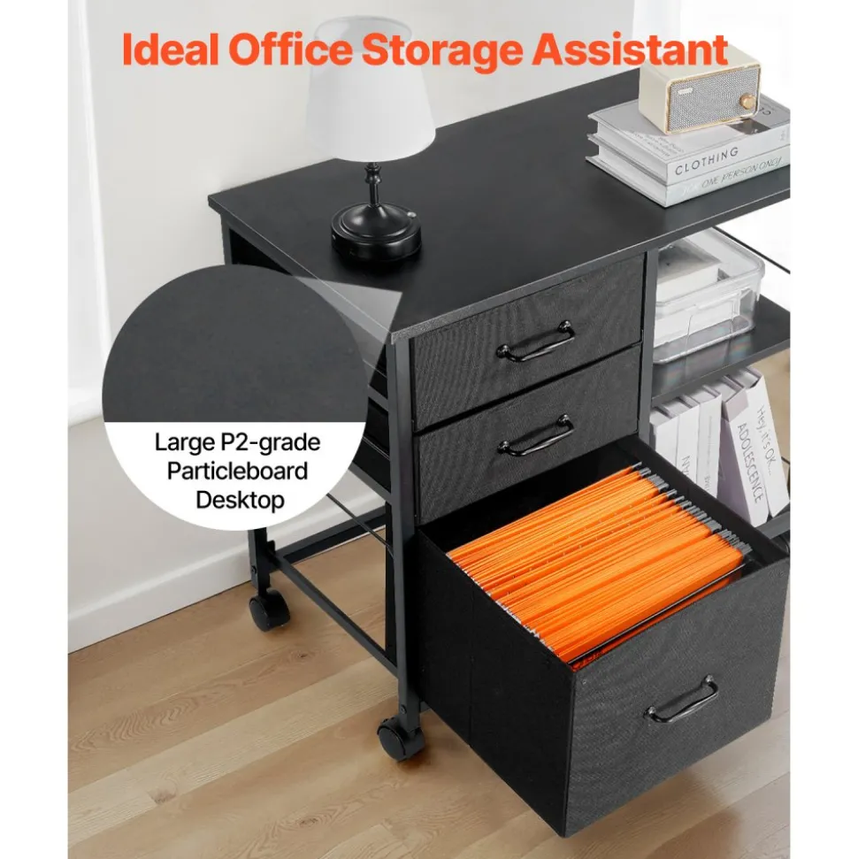 VEVOR Metal File Cabinet, Mobile Filing Cabinet with 3 Fabric Drawers and 2 Open Shelves, Wooden Vertical Filing Storage Cabinets with Wheels for Letter, A4, Legal Size File, Easy Assembly, Black