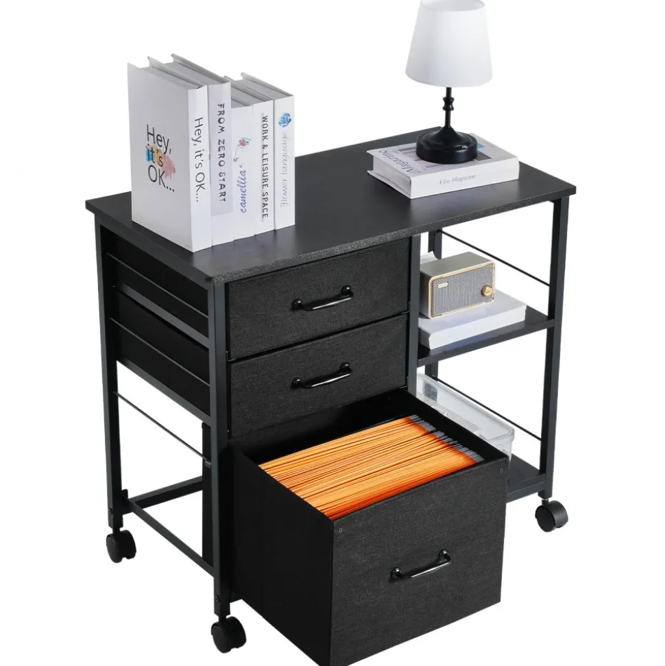 VEVOR Metal File Cabinet, Mobile Filing Cabinet with 3 Fabric Drawers and 2 Open Shelves, Wooden Vertical Filing Storage Cabinets with Wheels for Letter, A4, Legal Size File, Easy Assembly, Black