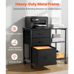 VEVOR Metal File Cabinet, Mobile Filing Cabinet with 3 Fabric Drawers and 2 Open Shelves, Wooden Vertical Filing Storage Cabinets with Wheels for Letter, A4, Legal Size File, Easy Assembly, Black