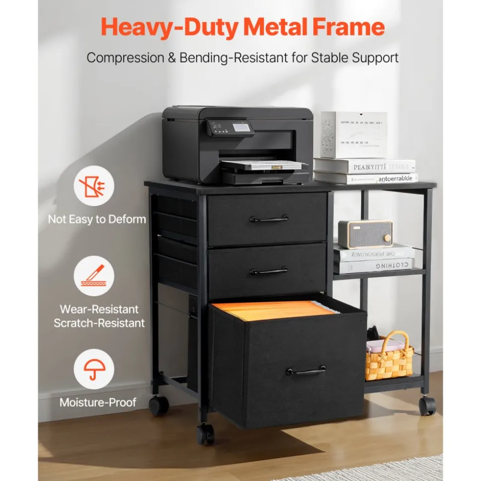VEVOR Metal File Cabinet, Mobile Filing Cabinet with 3 Fabric Drawers and 2 Open Shelves, Wooden Vertical Filing Storage Cabinets with Wheels for Letter, A4, Legal Size File, Easy Assembly, Black