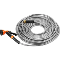 VEVOR Metal Garden Hose 100 ft, Rust Proof Stainless Steel Water Hose, Heavy Duty Backyard Hose with 10 Function Nozzle, No-Kink & Flexible Water Pipe, Lightweight Metal Hose for Yard, Outdoor