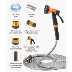 VEVOR Metal Garden Hose 150 ft, Rust Proof Stainless Steel Water Hose, Heavy Duty Backyard Hose with 10 Function Nozzle, No-Kink & Flexible Water Pipe, Lightweight Metal Hose for Yard, Outdoor