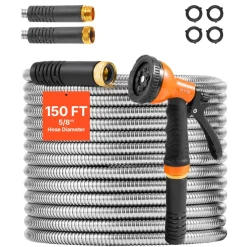 VEVOR Metal Garden Hose 150 ft, Rust Proof Stainless Steel Water Hose, Heavy Duty Backyard Hose with 10 Function Nozzle, No-Kink & Flexible Water Pipe, Lightweight Metal Hose for Yard, Outdoor