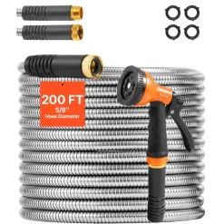 VEVOR Metal Garden Hose 200 ft, Rust Proof Stainless Steel Water Hose, Heavy Duty Backyard Hose with 10 Function Nozzle, No-Kink & Flexible Water Pipe, Lightweight Metal Hose for Yard, Outdoor