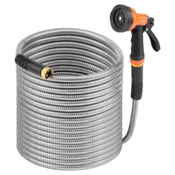 VEVOR Metal Garden Hose 200 ft, Rust Proof Stainless Steel Water Hose, Heavy Duty Backyard Hose with 10 Function Nozzle, No-Kink & Flexible Water Pipe, Lightweight Metal Hose for Yard, Outdoor