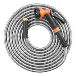 VEVOR Metal Garden Hose 25 ft, Rust Proof Stainless Steel Water Hose, Heavy Duty Backyard Hose with 10 Function Nozzle, No-Kink & Flexible Water Pipe, Lightweight Metal Hose for Yard, Outdoor