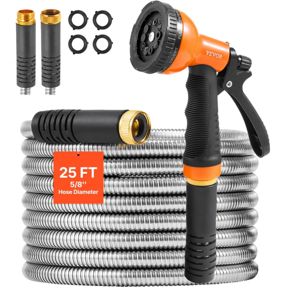 VEVOR Metal Garden Hose 25 ft, Rust Proof Stainless Steel Water Hose, Heavy Duty Backyard Hose with 10 Function Nozzle, No-Kink & Flexible Water Pipe, Lightweight Metal Hose for Yard, Outdoor